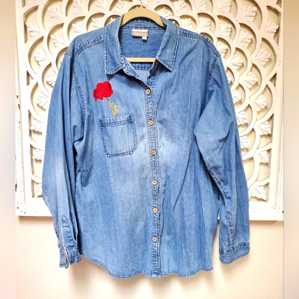 Vintage Coldwater Creek Embroidered Rose Denim Shirt 2X